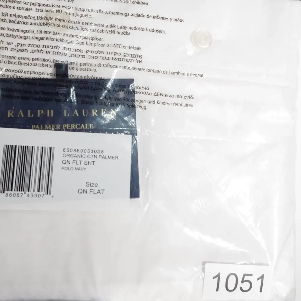 New Flawed Ralph Lauren Organic Cotton Percale Queen Flat Sheet White/Polo Navy